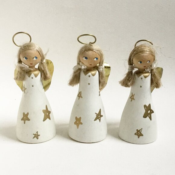 Vintage Christmas Wooden Peg Folk Art Angels Figures Ornament Sweden Set of 3 - Picture 1 of 7